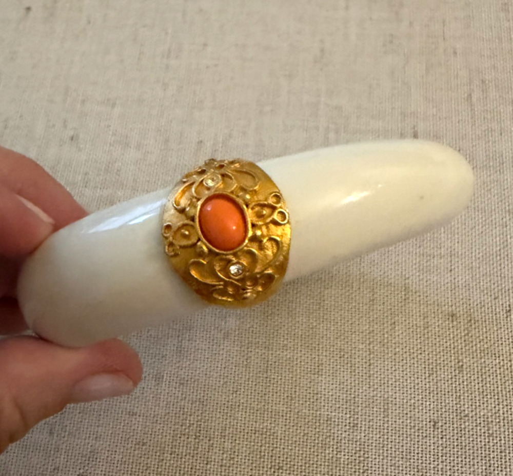 Vtg Signed KJL Kenneth Jay Lane Ivory Bangle w/ Gold, Coral & Rhinestone Detail